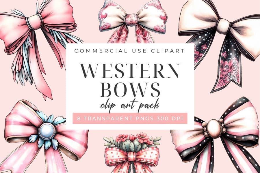 Country Western Bows Clip Art Set - digital download PNG graphics with cow print and paisley designs