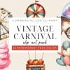 Vintage Carnival Clip Art Featuring A Ferris Wheel, A Spinning Wheel, Cotton Candy Cart, Candy Apples, And Heart-Shaped Balloons.