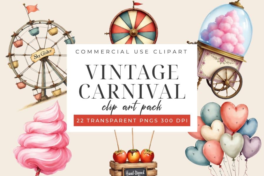 Vintage Carnival Clip Art Featuring A Ferris Wheel, A Spinning Wheel, Cotton Candy Cart, Candy Apples, And Heart-Shaped Balloons.
