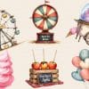 An Illustration Of A Ferris Wheel, A Spinning Prize Wheel, A Cotton Candy Cart, Candy Apples, And A Bunch Of Heart-Shaped Balloons.