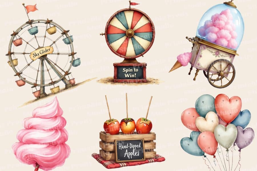 An Illustration Of A Ferris Wheel, A Spinning Prize Wheel, A Cotton Candy Cart, Candy Apples, And A Bunch Of Heart-Shaped Balloons.