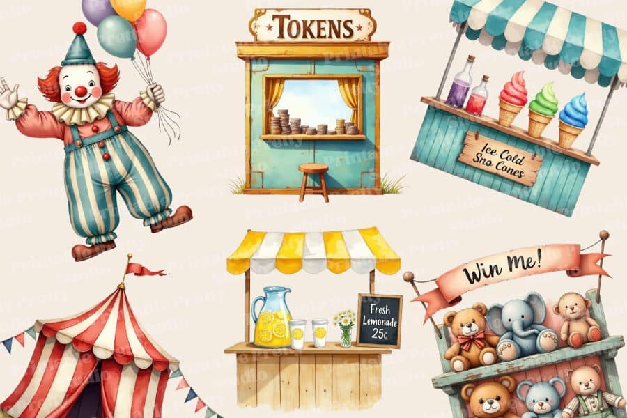 A Whimsical Illustration Of A Circus Clown, Carnival Game Booths, And A Prize Shelf With Stuffed Animals.