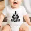 Baby Wearing A White Onesie With A Black Campfire Design.