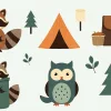 Illustration Of Two Raccoons, An Owl, And Camping-Themed Items.
