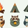 Illustration Of A Campfire, Two Tents, A Raccoon, And An Owl.