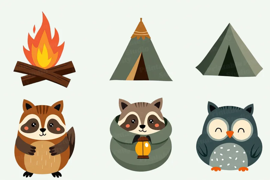 Illustration Of A Campfire, Two Tents, A Raccoon, And An Owl.
