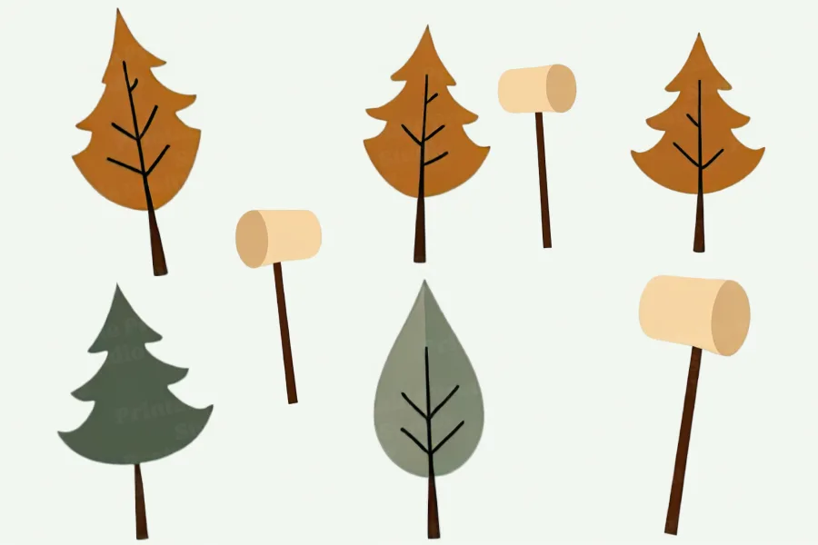 Illustration Of Stylized Trees And Mallets.
