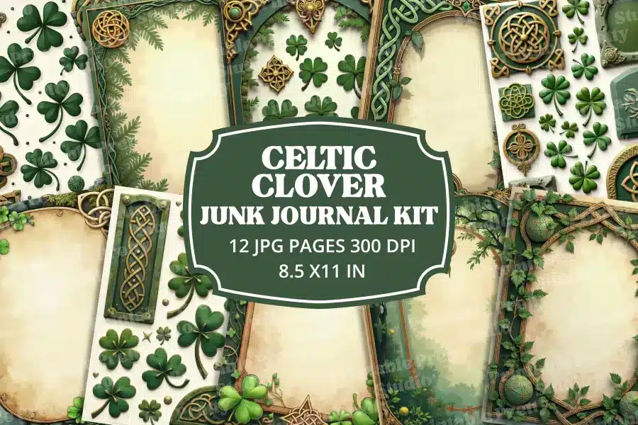 Celtic Clover Mini Junk Journal Kit - printable JPG pages with celtic knots, clovers, and vintage illustrations