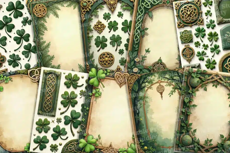 Collection of ornate Celtic-style frames and shamrocks.