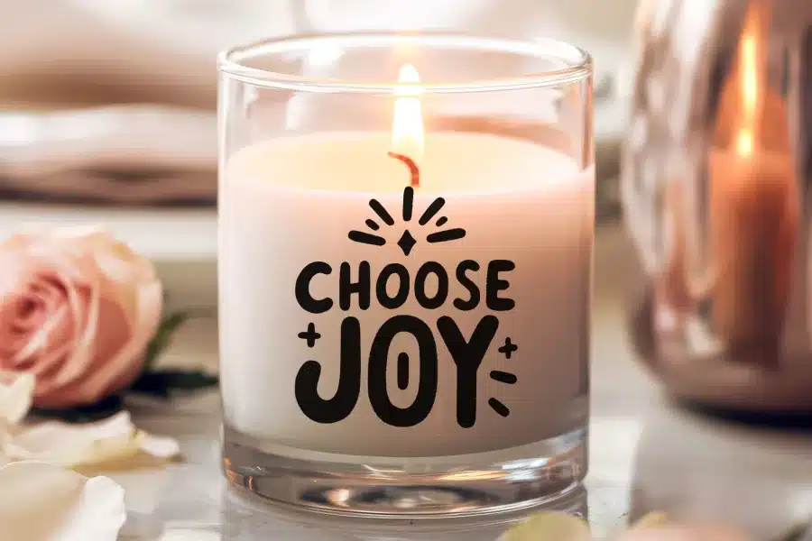 A lit candle in a clear glass jar with the words Choose Joy in black lettering.