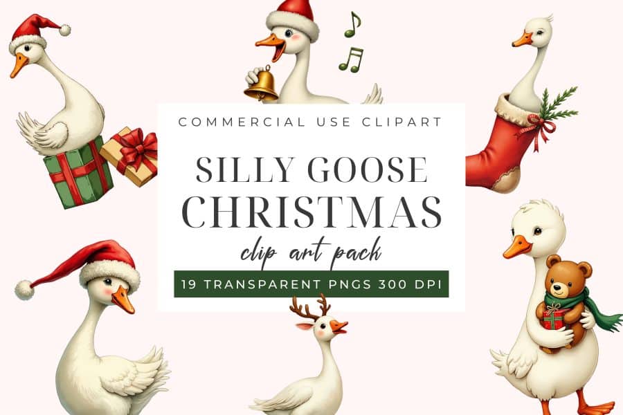 Several Illustrations Of Geese Celebrating Christmas. One Goose Wears A Santa Hat And Sits In A Present. Another Holds A Bell. A Third Is In A Christmas Stocking. A Fourth Carries A Teddy Bear With A Gift. A Fifth Goose Has Reindeer Antlers.
