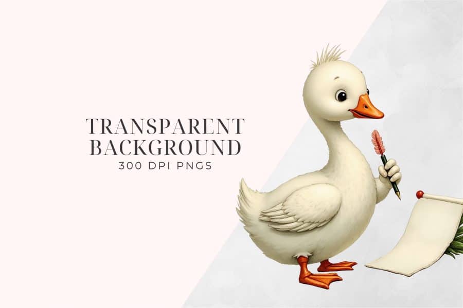 Illustration Of A Cute, White Goose Holding A Quill Pen And Writing On A Scroll.