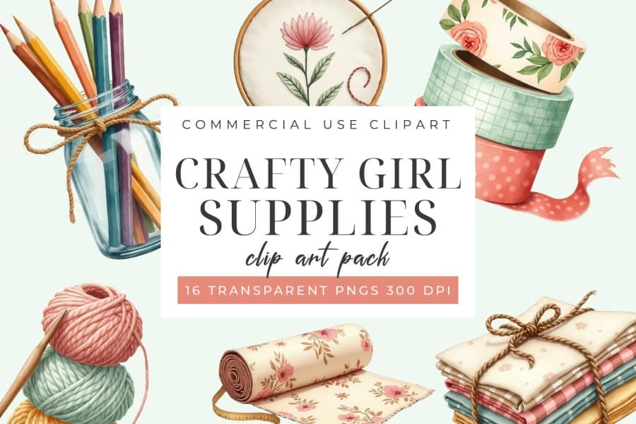 Assortment of craft supplies including colored pencils, embroidery hoop, washi tape, yarn, and fabric.