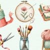 Assorted Craft Supplies Including Embroidery Hoop, Paintbrushes, Yarn, Washi Tape, And Fabric.