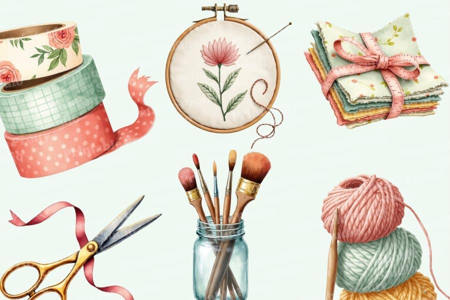 Assorted Craft Supplies Including Embroidery Hoop, Paintbrushes, Yarn, Washi Tape, And Fabric.