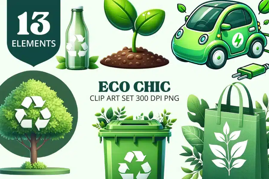 Eco Chic Clip Art Set - printable PNG graphics with stylish environmental themes