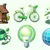 Six Illustrations Representing Eco-Friendly Concepts: A Birdhouse, Bicycle, Wind Turbine, Electric Car, Lightbulb, And Globe.