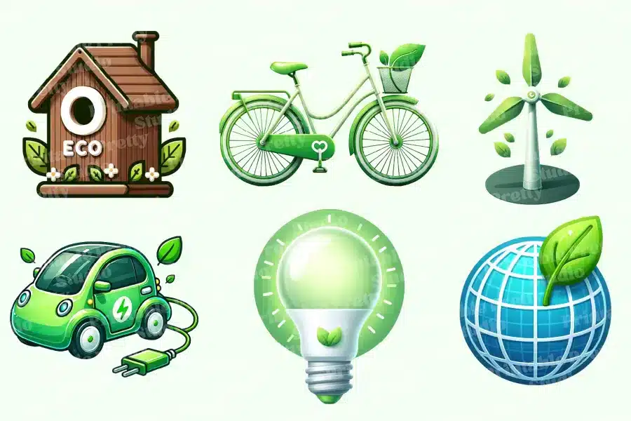 Six illustrations representing eco-friendly concepts: a birdhouse, bicycle, wind turbine, electric car, lightbulb, and globe.