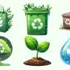 Collection Of Green Recycling Icons Including A Reusable Shopping Bag, Recycling Bins, A Tree, A Sprout, And A Water Drop With A Globe.