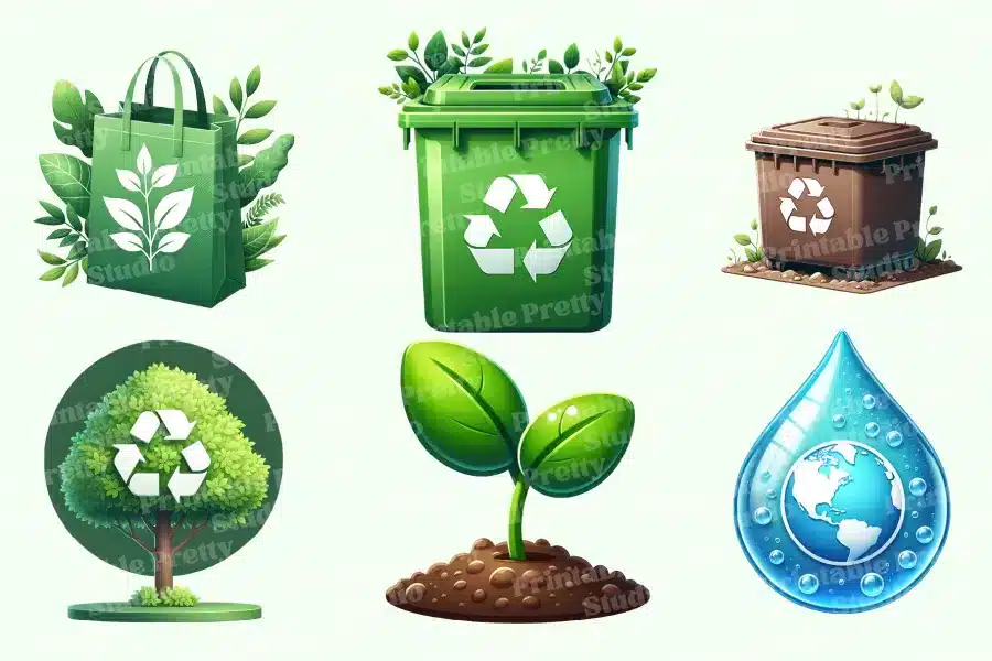 Collection Of Green Recycling Icons Including A Reusable Shopping Bag, Recycling Bins, A Tree, A Sprout, And A Water Drop With A Globe.