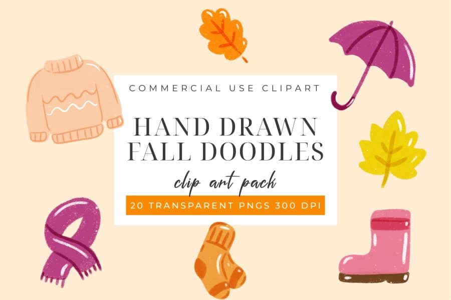Hand-drawn autumn doodles including a sweater, scarf, leaves, umbrella, and boots.