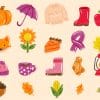 Collection Of Autumn Icons Including A Pumpkin, Umbrella, Sweater, Boots, Apple, Fox, Sunflower, Pie, Scarf, Leaves, Hat, Coffee Cup, Socks, And Lantern.