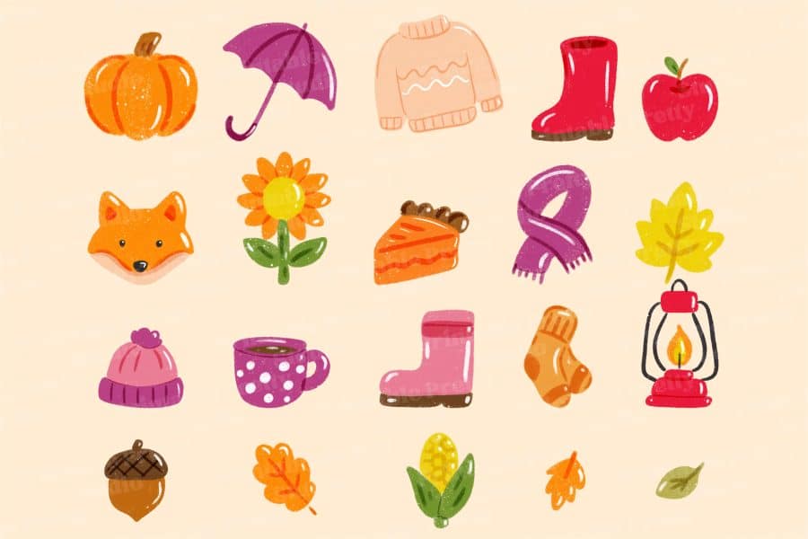 Collection Of Autumn Icons Including A Pumpkin, Umbrella, Sweater, Boots, Apple, Fox, Sunflower, Pie, Scarf, Leaves, Hat, Coffee Cup, Socks, And Lantern.