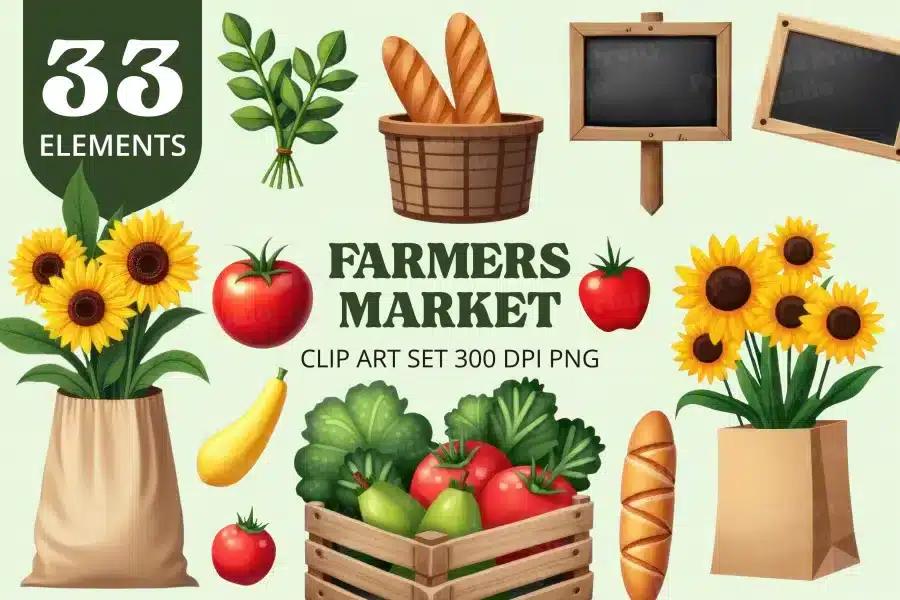 Farmers Market Clip Art Set - digital download PNG graphics with cute fruits, vegetables, and a market stand