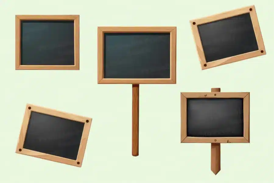 Five blank chalkboard signs with light brown wooden frames.  One sign is on a post.