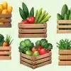 Six Wooden Crates Filled With Various Fresh Produce Including Papayas, Tomatoes, Cucumbers, Broccoli, And Bread.