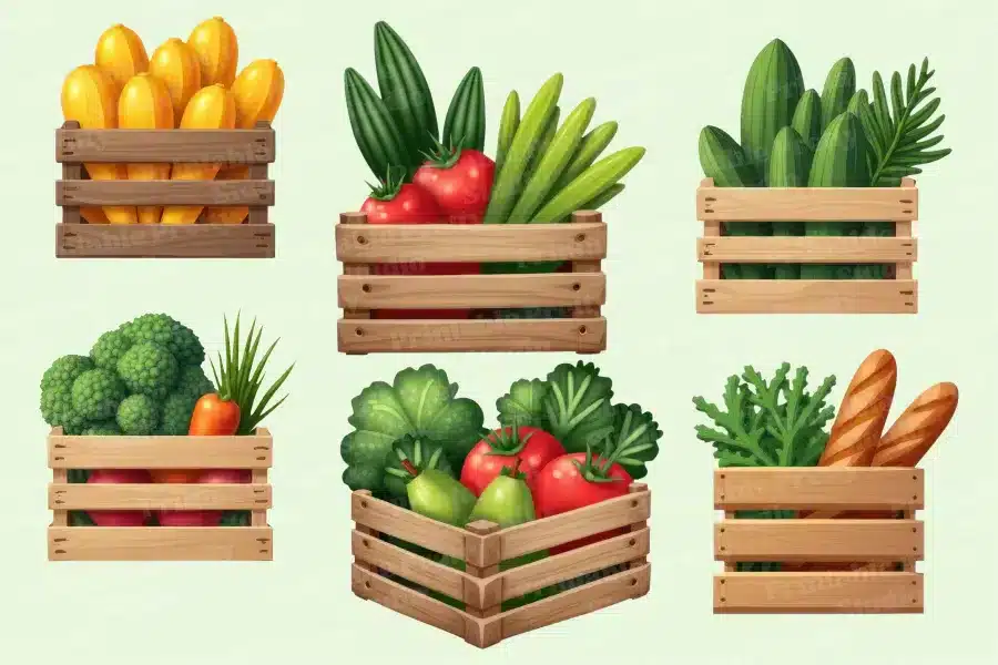 Six Wooden Crates Filled With Various Fresh Produce Including Papayas, Tomatoes, Cucumbers, Broccoli, And Bread.
