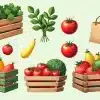 Illustration Of Various Fresh Produce In Wooden Crates And A Paper Bag.
