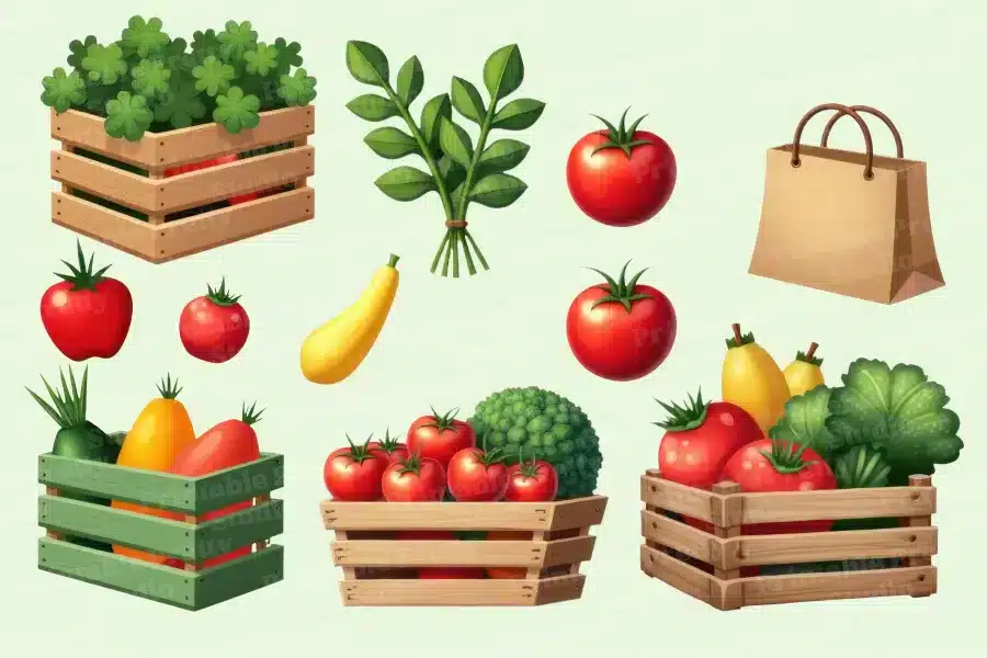 Illustration Of Various Fresh Produce In Wooden Crates And A Paper Bag.