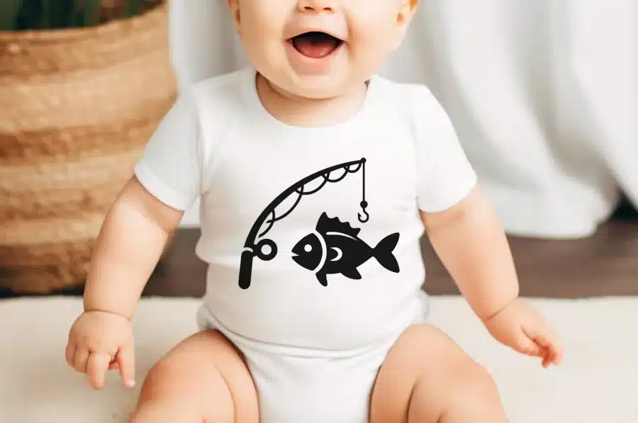 Baby Wearing A White Onesie With A Black Fish And Fishing Rod Design.