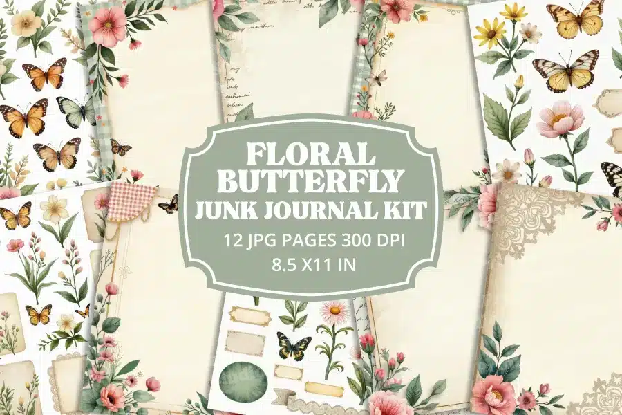 Floral Butterfly Mini Junk Journal Kit - printable JPG pages with vintage butterfly and floral illustrations