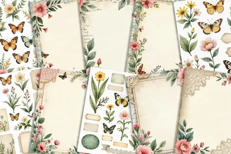 Collage of floral and butterfly themed stationery.