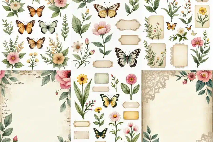 Collection Of Watercolor-Style Butterflies And Flowers With Vintage-Style Labels And Ornate Corners.
