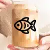 A Person'S Hands Holding A Glass Iced Coffee With A Fish Design On It.
