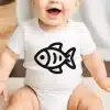 Baby Wearing A White Onesie With A Black Fish Graphic.