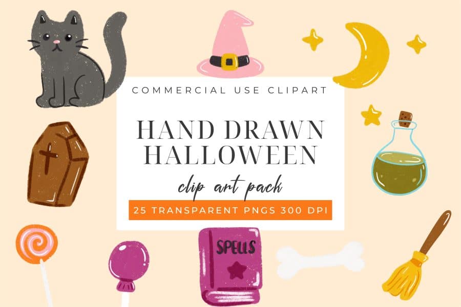 Hand-drawn Halloween clip art featuring a black cat, witch's hat, moon, potion bottle, lollipops, coffin, spell book, bone, and broom.