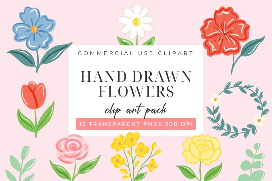 Hand Drawn Flowers Clip Art Set - digital download PNG graphics with hand-sketched floral doodles