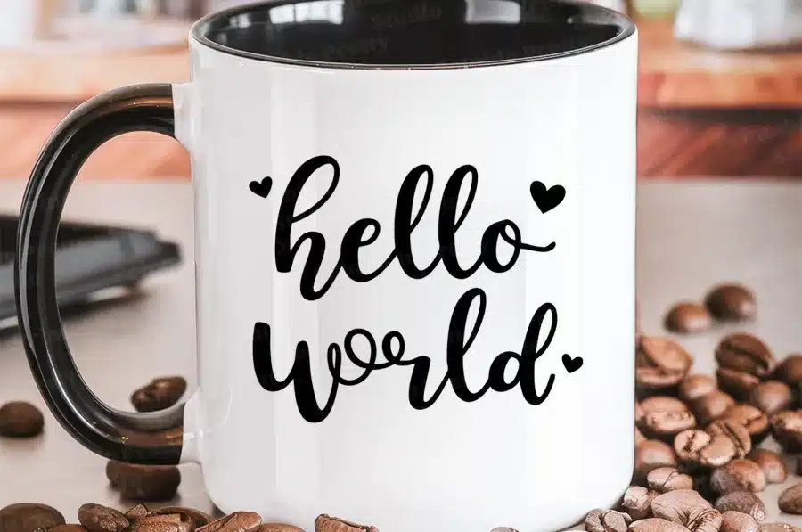A White Mug With Black Lettering On It