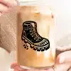 A Glass Of Iced Coffee With A Graphic Of A Hiking Boot On It.