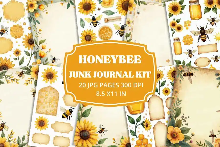 Honeybee Junk Journal Kit - printable JPG pages with vintage bee and floral illustrations
