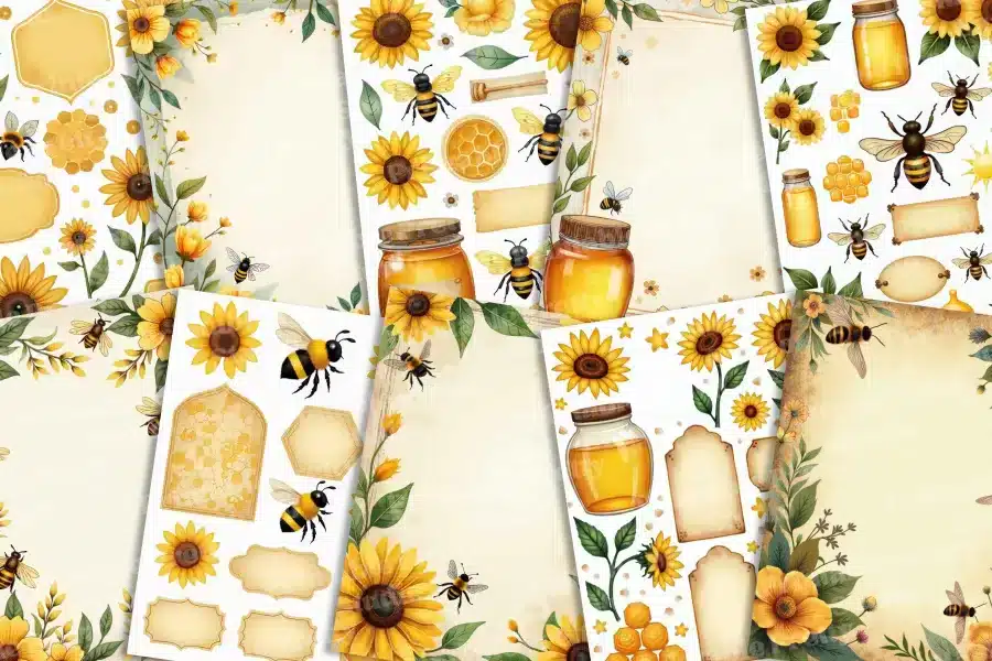 Collage of sunflowers, bees, honey jars, and honeycomb illustrations on various blank templates.