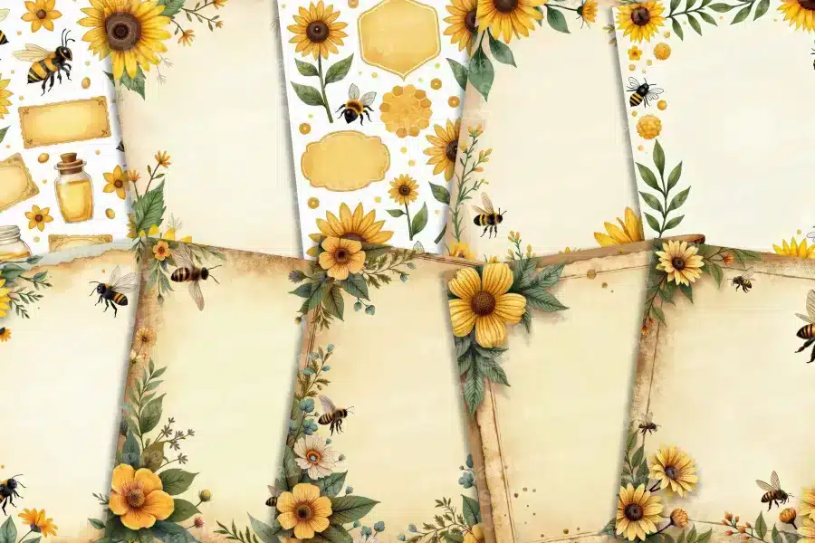 Collection Of Blank Vintage Cards Decorated With Sunflowers And Bees.