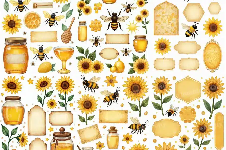 A Repeating Pattern Of Honey Jars, Sunflowers, Bees, And Honeycomb Designs.