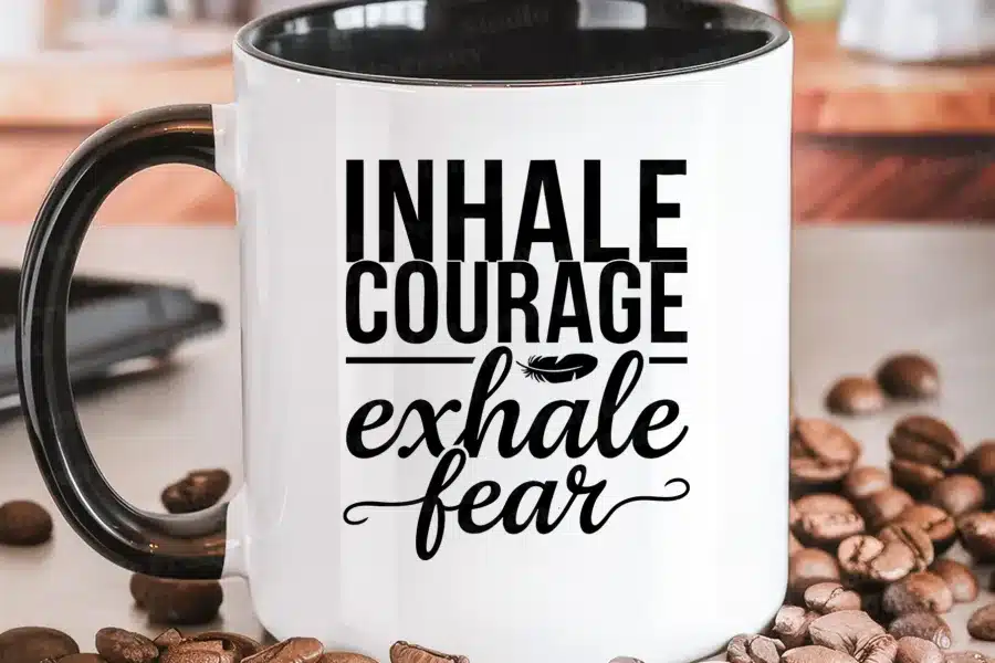 a white mug with black text on it