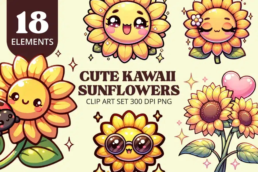 Kawaii Sunflowers Free Clip Art Set - printable PNG graphics with smiling sunflowers and bees