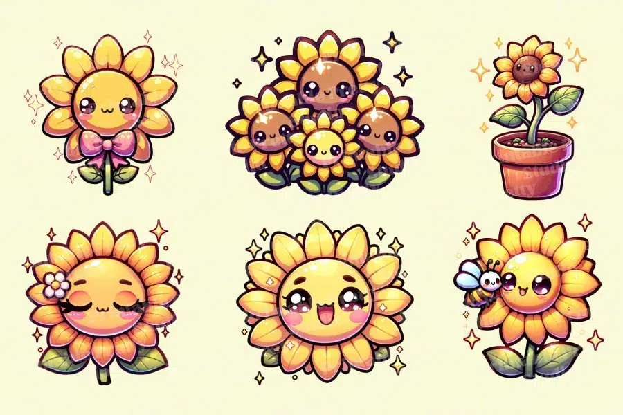 Six adorable cartoon sunflowers, each with a unique expression and some with added details like a bow or a bee.